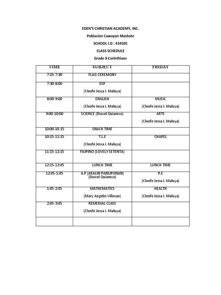 Class Schedule 20222023 PDF