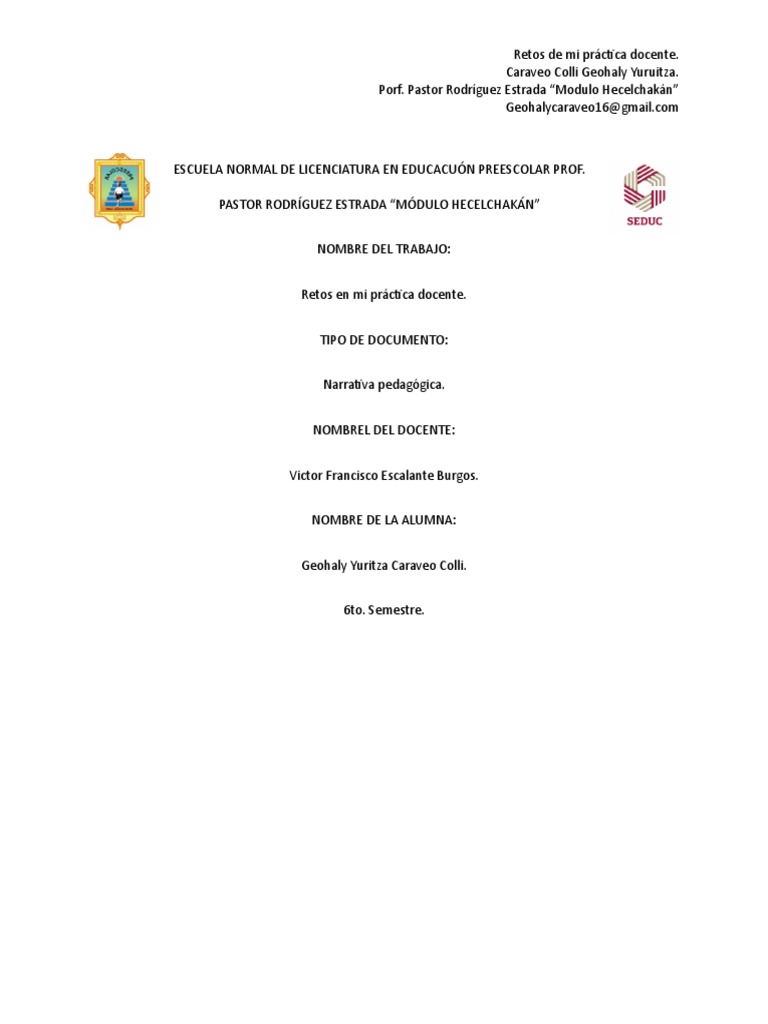 Retos en la Práctica Docente Preescolar | PDF | Educación de la primera ...