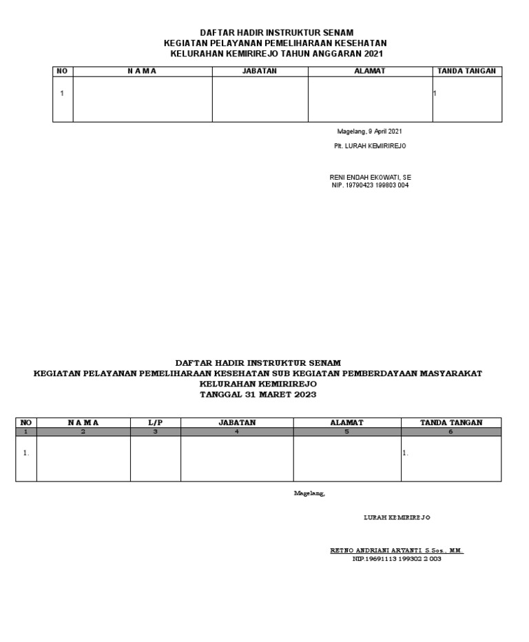 Daftar Hadir Instruktur Senam | PDF