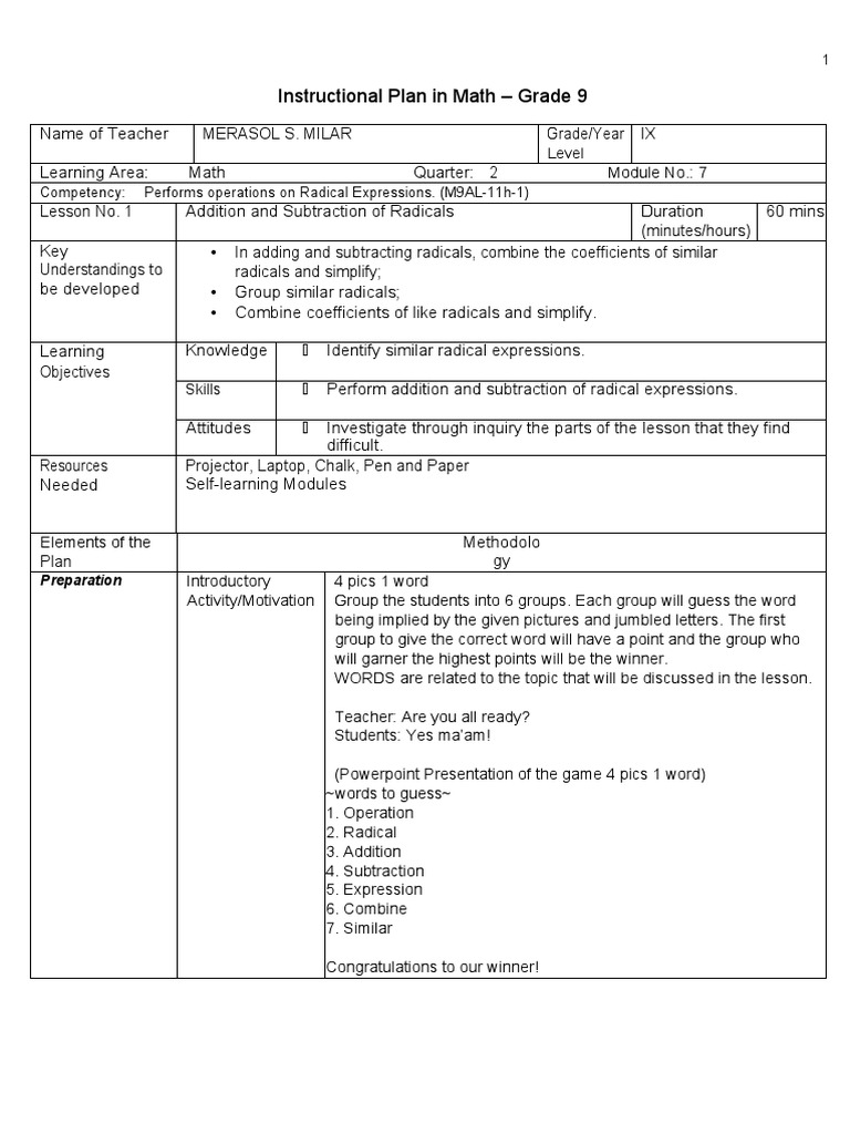 Instructional Plan in Math Grade 9 CO1 Quarter2 | PDF | Learning ...