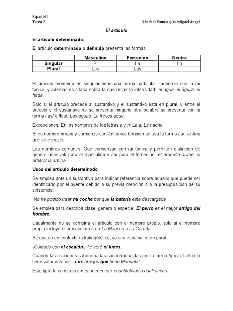 Uso de artículos en español: guía completa | PDF | Sustantivo | Género ...