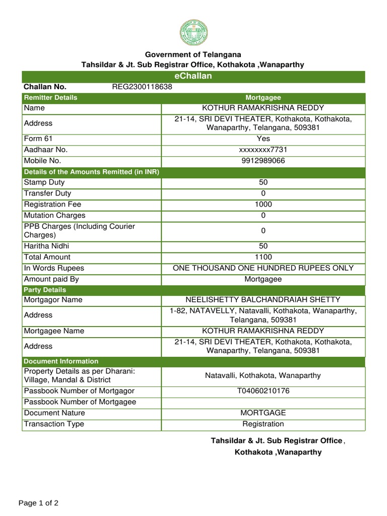 Echallan: Government of Telangana Tahsildar & Jt. Sub Registrar Office ...