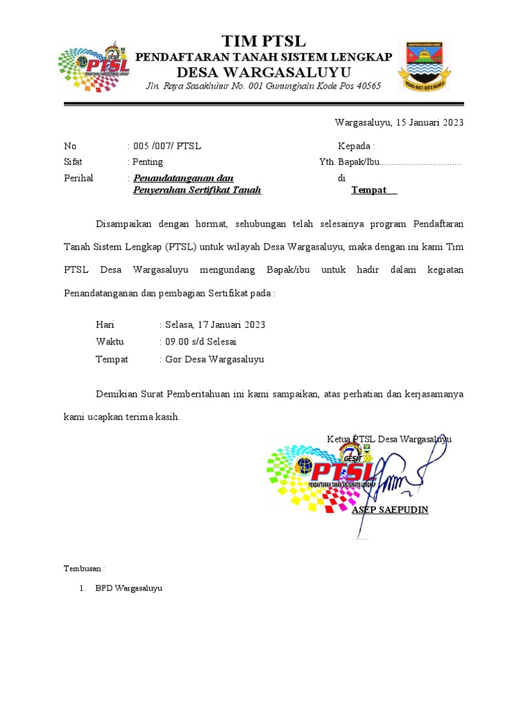Undangan Penyerahan Sertifikat PTSL | PDF