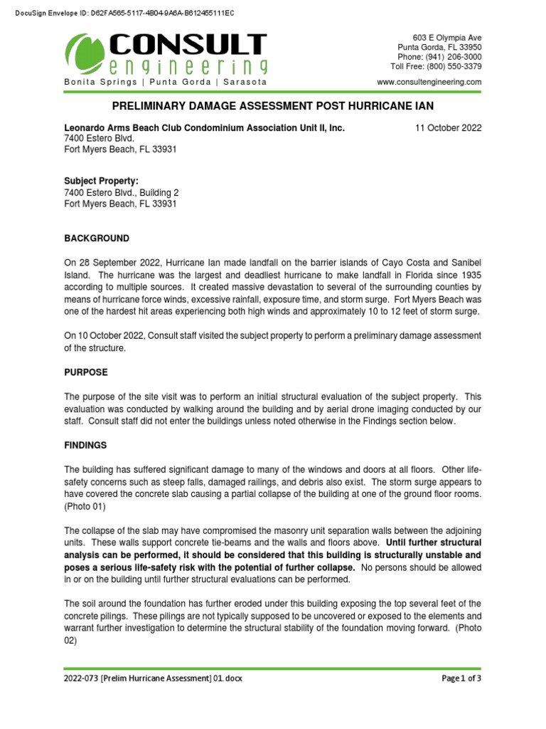 Leonardo Arms Condo Building 2 Hurricane Ian Preliminary Assessment