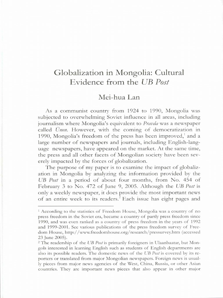 Globalization in Mongolia Cultural Evidence From The UB Post | PDF ...