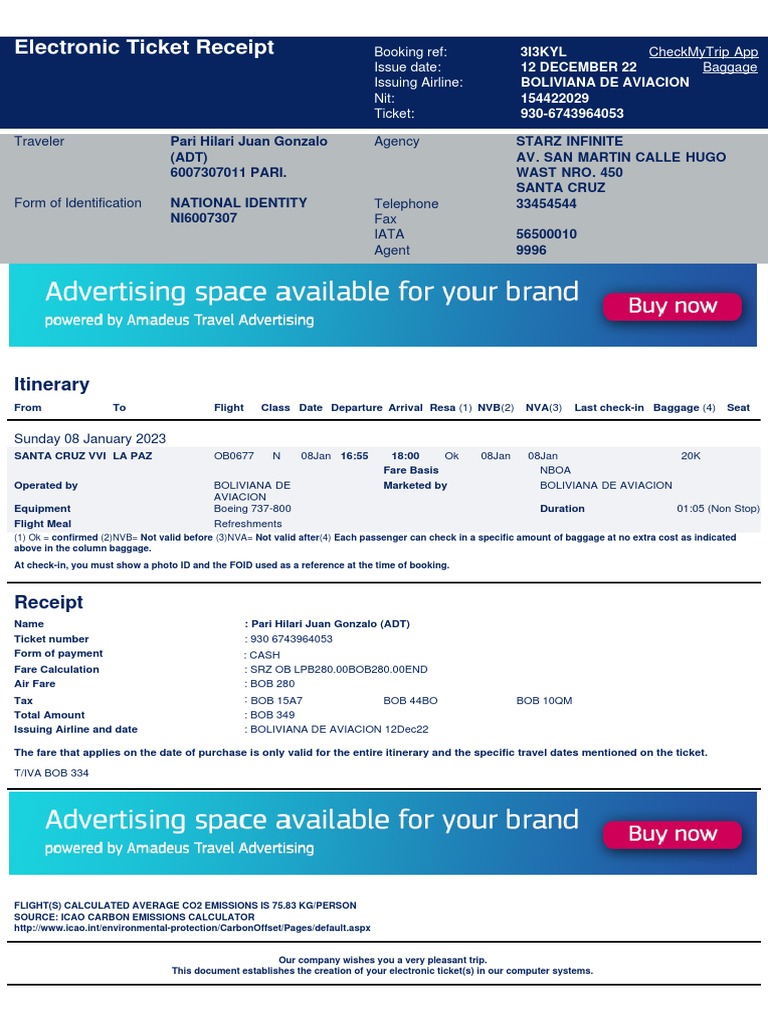 Your Electronic Ticket Receipt PDF Airlines Aviation