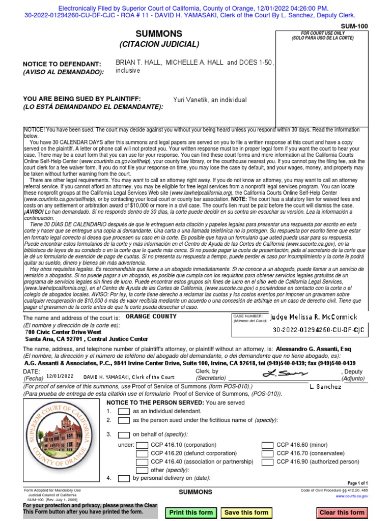 Defamation Case - Summons Issued and Filed, Filed, 12012022 | PDF ...