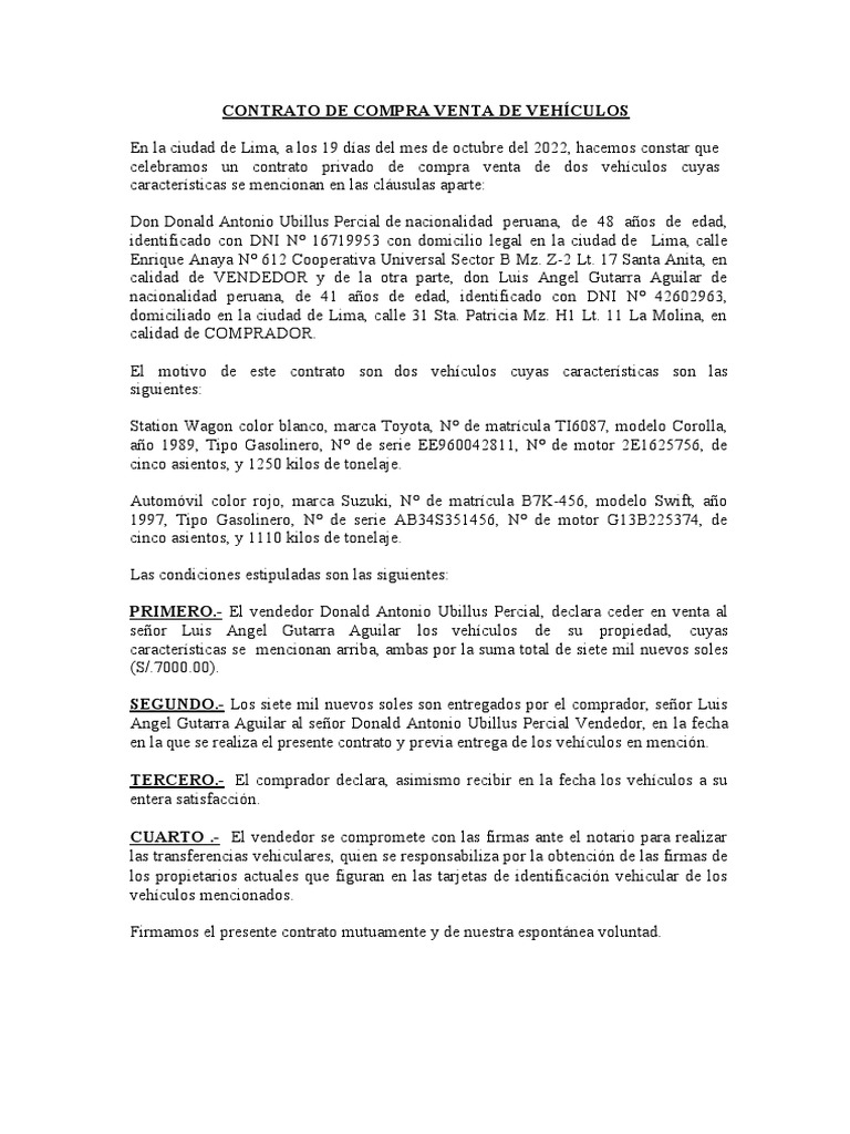 Contrato de Compra Venta de Vehículos | PDF | Derecho