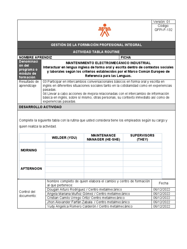 Tabla de Actividades Electromecánicas | PDF