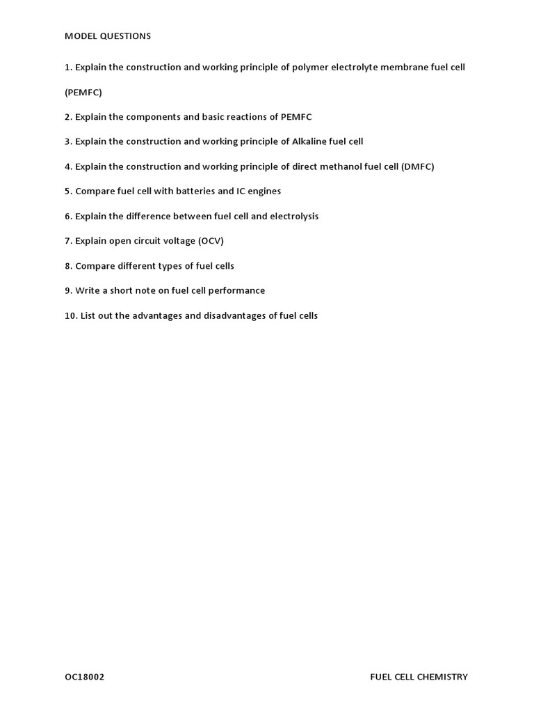 Fuel Cell Chemistry Model Questions (Unit1) PDF