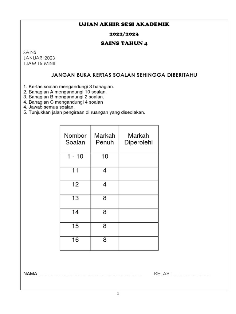 1 Set Kertas Ujian Akhir Sesi Akademik Uasa Sains Tahun 4 Dwibahasa PDF