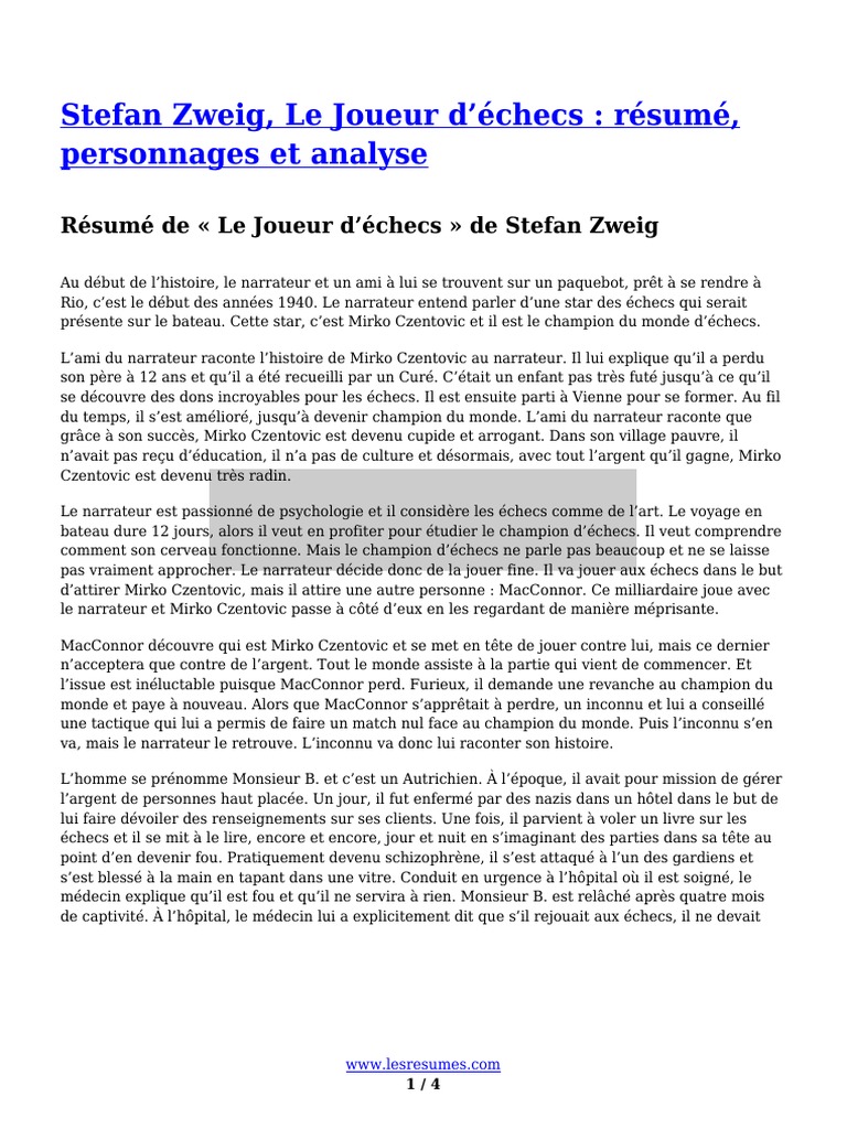 Le Joueur D échecs Résumé Stefan Zweig Le Joueur Dechecs Resume Personnages Et Analyse | PDF | Échecs