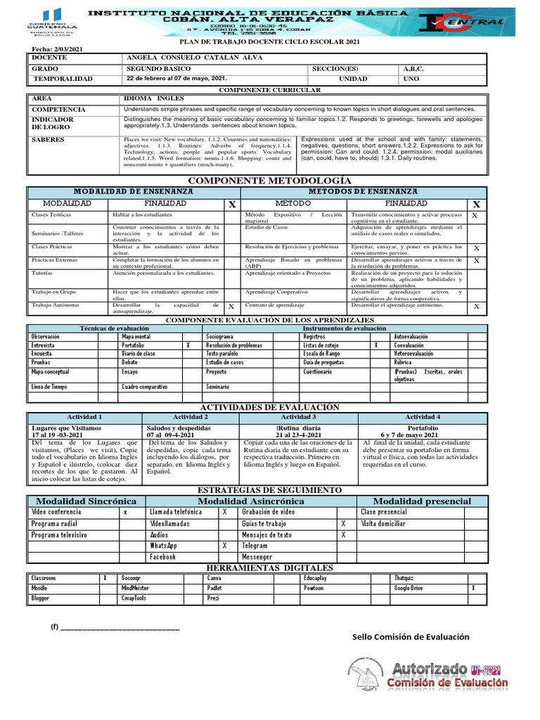 Bimestre 1 Inglés 2o. A, B, C PDF Evaluación