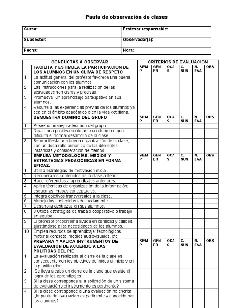 Pauta de Observación de Clases | PDF | Evaluación | Maestros