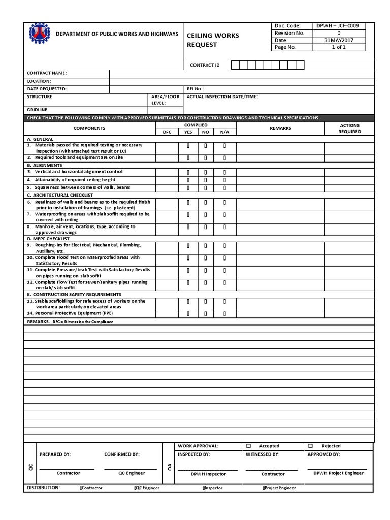 JCF-C009 - Ceiling Works Request | PDF | Plumbing | Sanitary Sewer