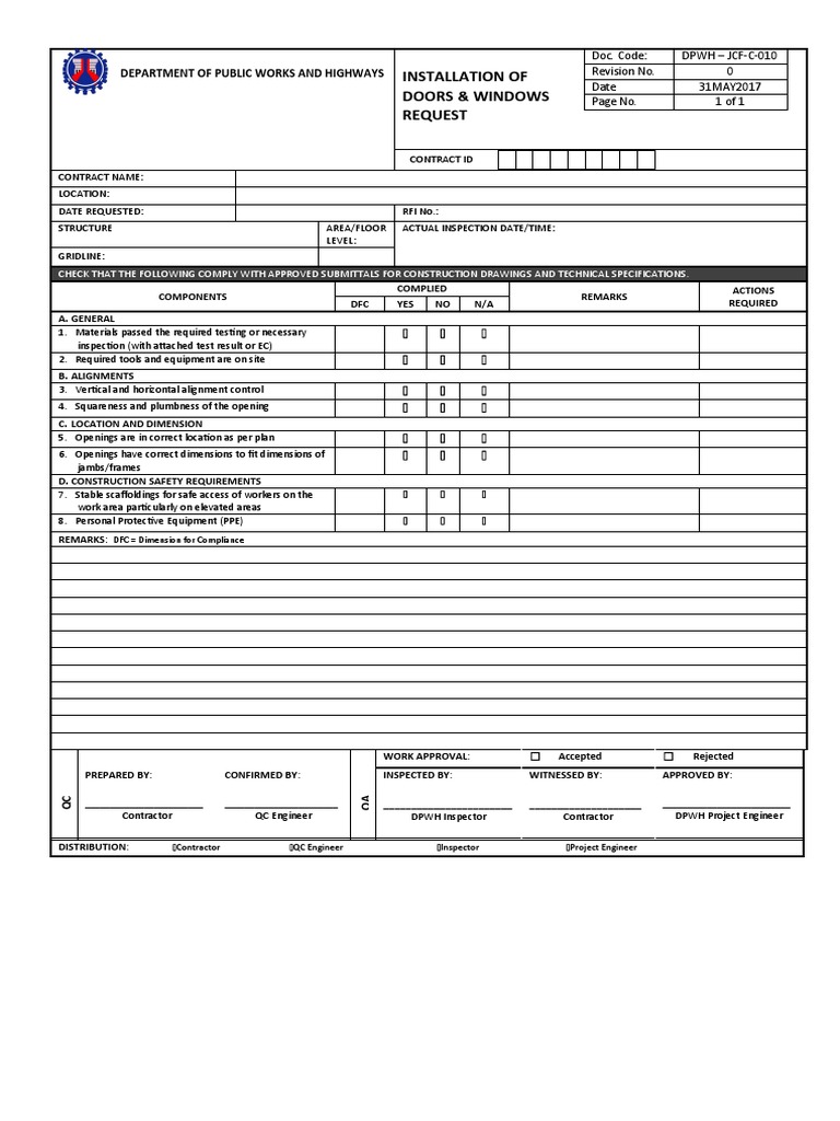 Installation Inspection Checklist Doors and Windows PDF