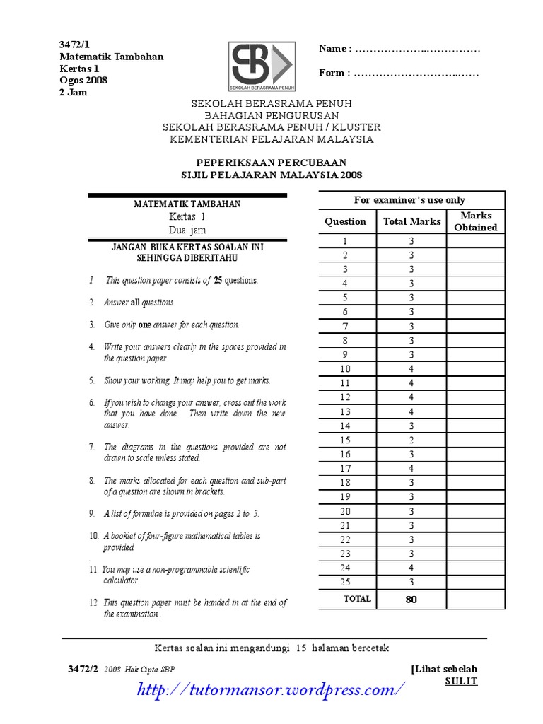 Add Math SPM Trial 2008 SBP p1 Ans | Download Free PDF | Function ...