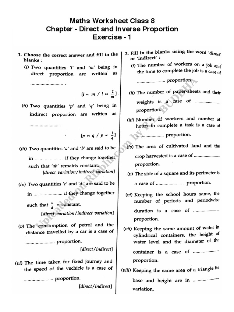 Class 8 Maths Worksheet 1 Direct and Inverse Proportion | PDF