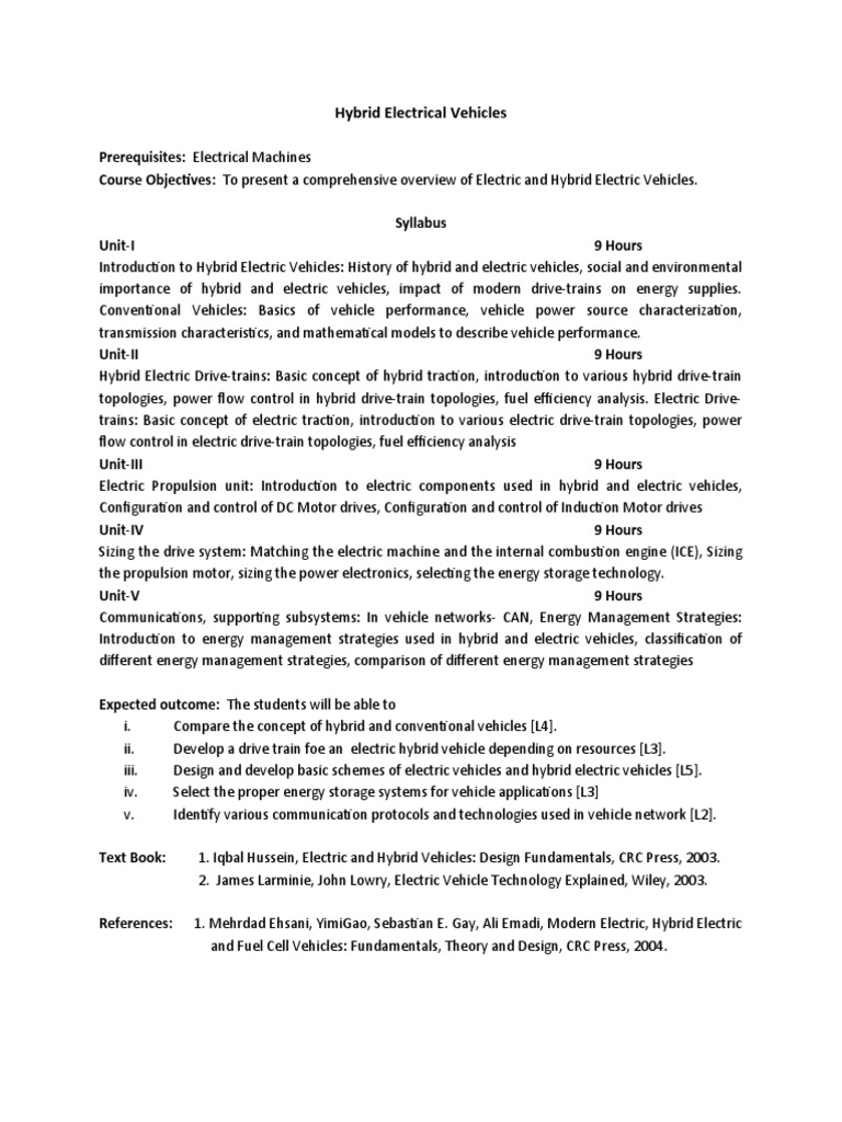 HEV Syllabus PDF Hybrid Vehicle Electric Vehicle