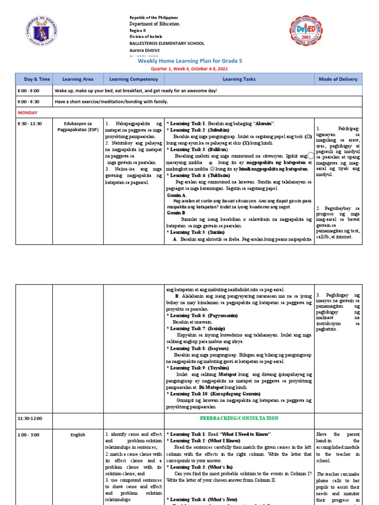 WHLP Grade 5 q1 w4 All Subjects | PDF