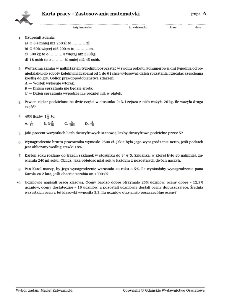 Równania Klasa 8 Karta Pracy Zastosowania Matematyki Karta Pracy Klasa 8 | PDF