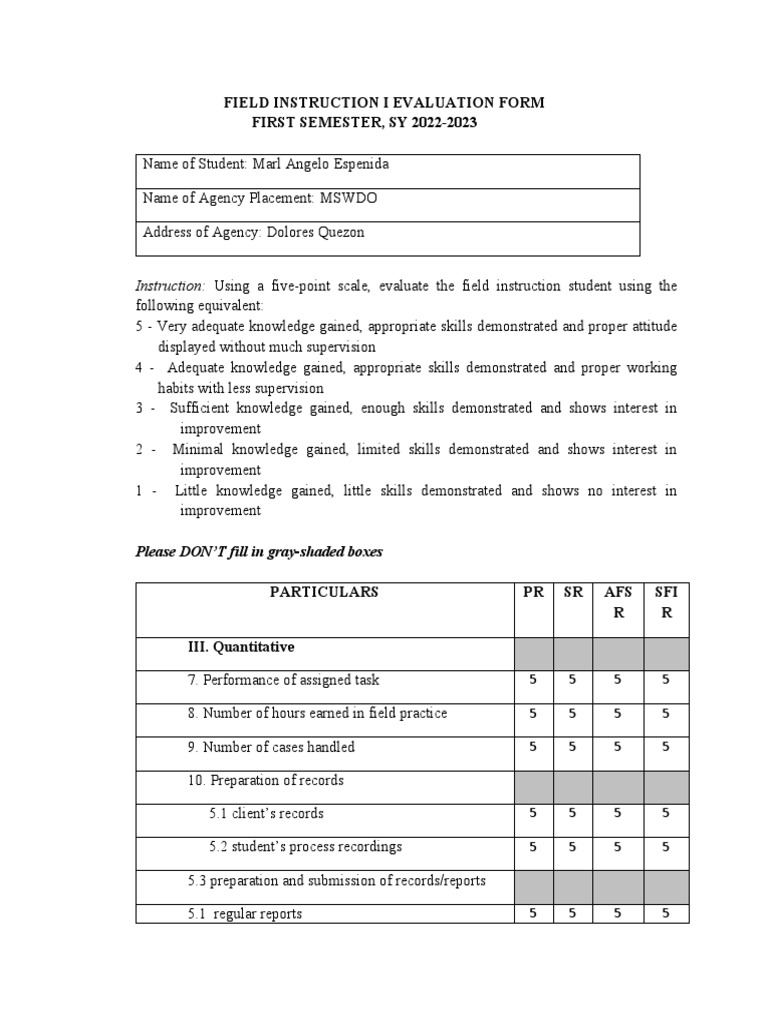 FIELD INSTRUCTIon Grade Ce | PDF | Self | Behavior Modification