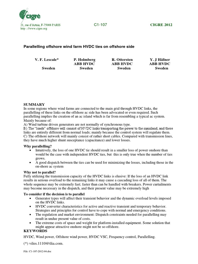 Parallelling Offshore Wind Farm HVDC Ties On Offshore Side | PDF | High ...