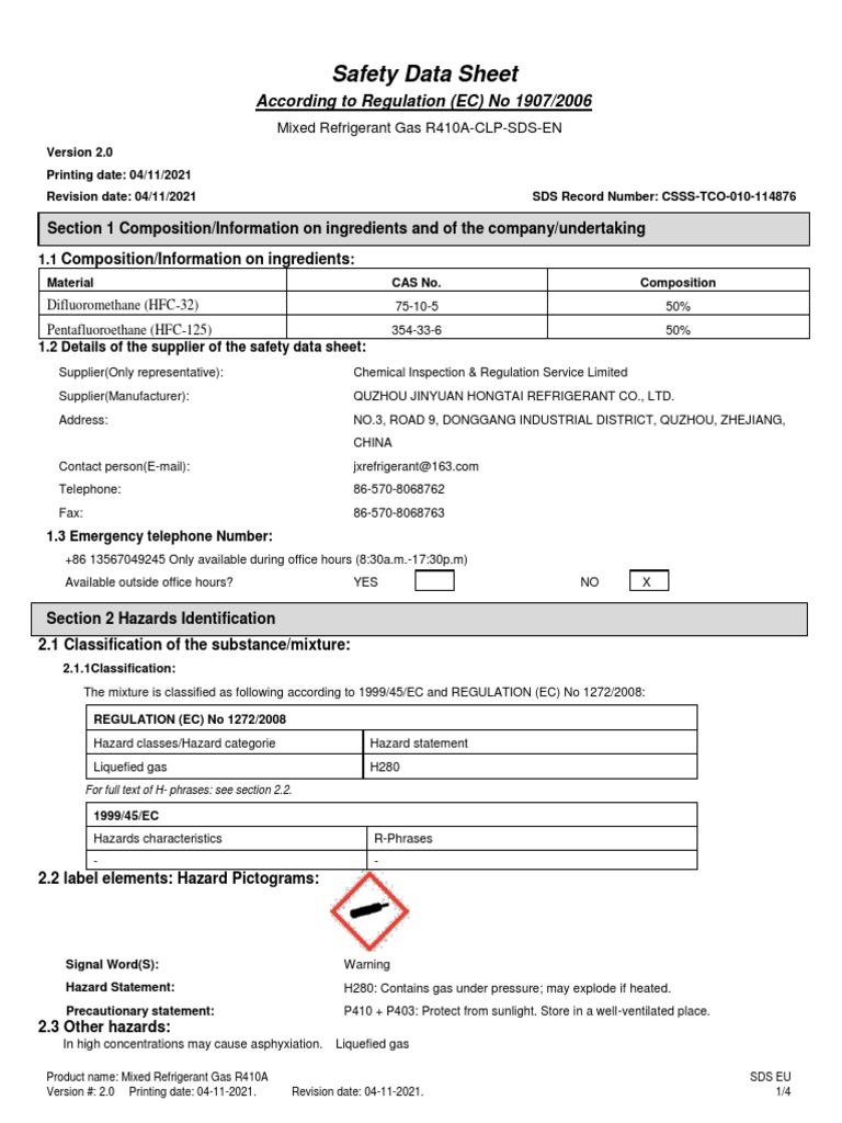 金源宏泰英文R410A MSDS PDF Occupational Safety And Health Chemistry