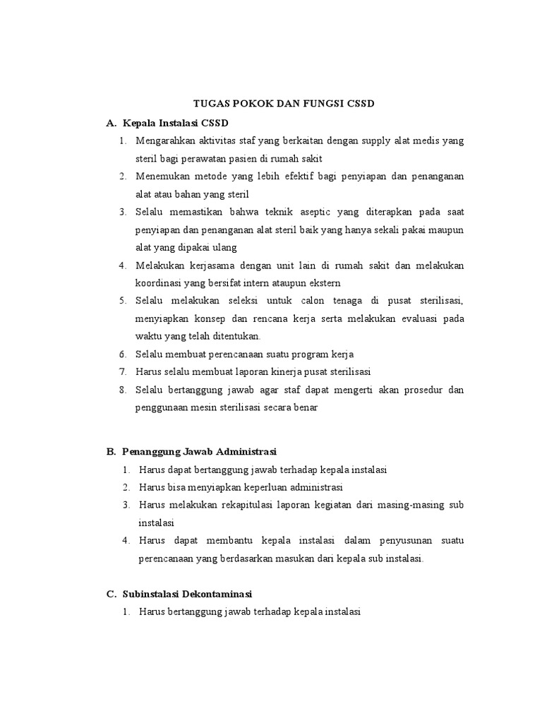 Tugas dan Fungsi Instalasi CSSD | PDF