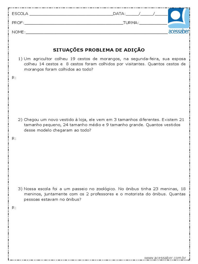 Atividade de Matematica Situacoes Problema de Adicao 3 Ano e 4 Ano 1 | PDF