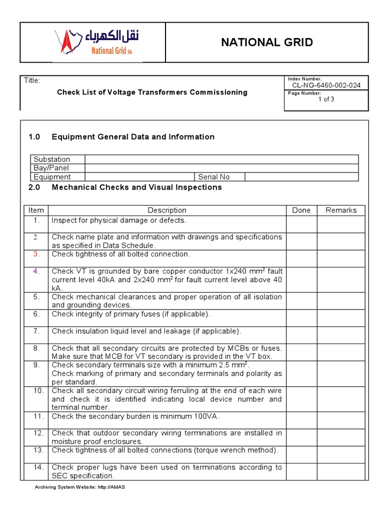 Commissioning Checklist for Voltage Transformers PDF Transformer