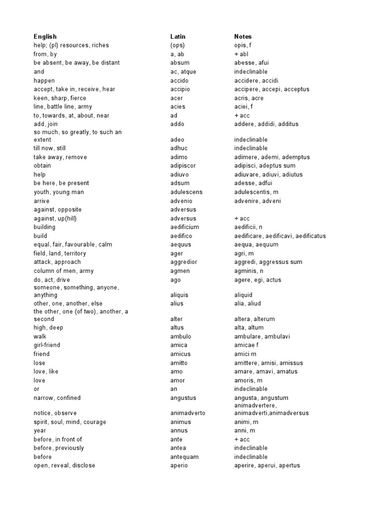 English to Latin Translation with Notes A Document Providing