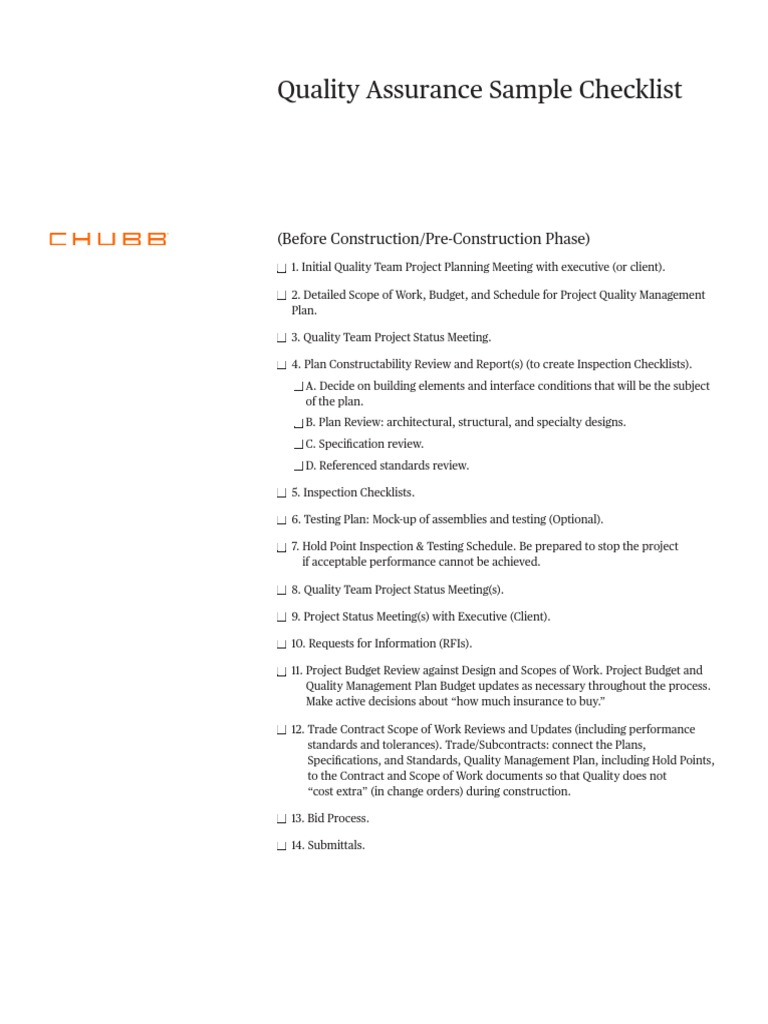 Chubb Pre Construction Quality Assurance Checklist 002 JKHCCL | PDF ...