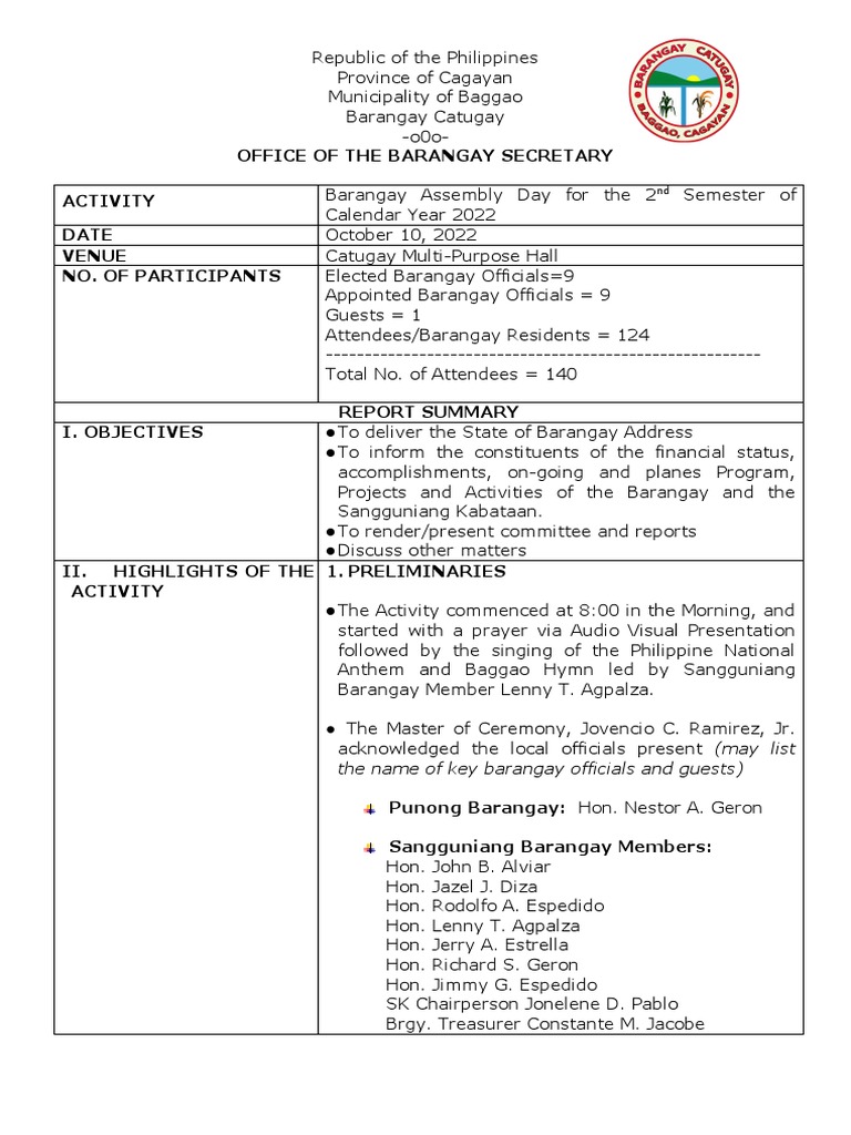 Barangay Assembly Activity Report 2022 | PDF