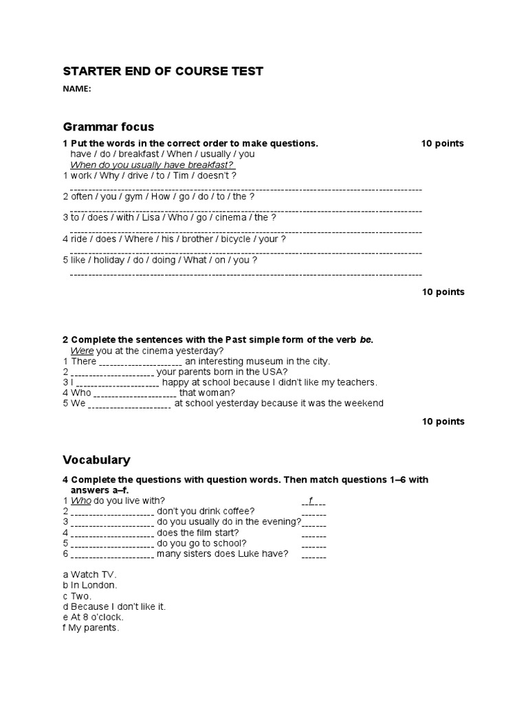 Starter Final TEST | PDF | Linguistics | Syntax