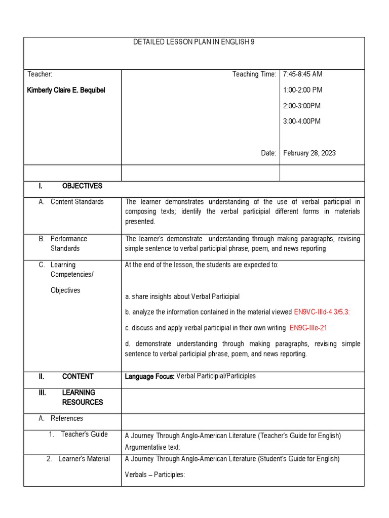 English 9 Lesson Plan: Verbal Participials | PDF | Lesson Plan ...