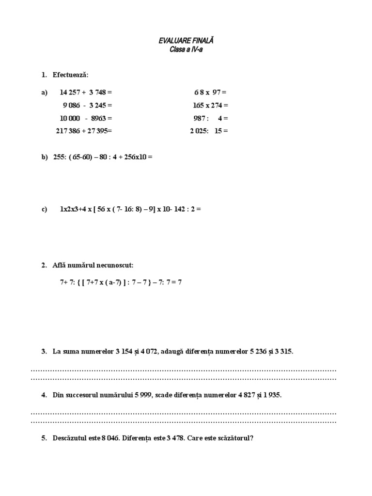 Test Evaluare Finala Matematica Cls IV | PDF