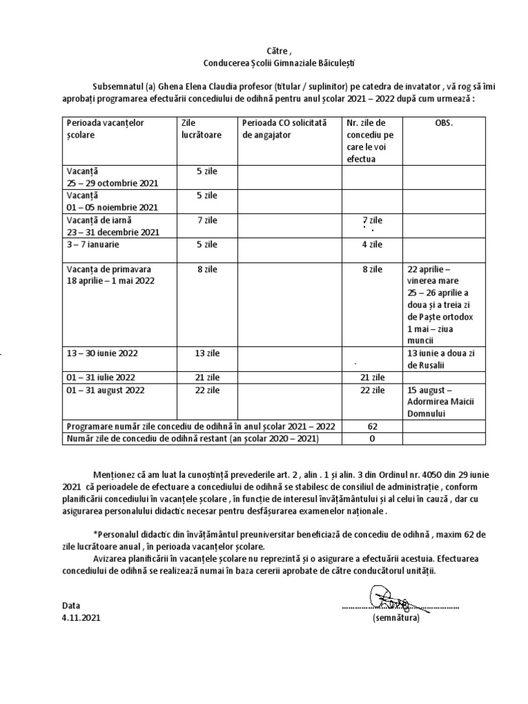 Cerere Concediu Odihna | PDF