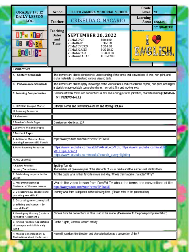 Grade VI English Lesson Plan | PDF | Learning | Teachers