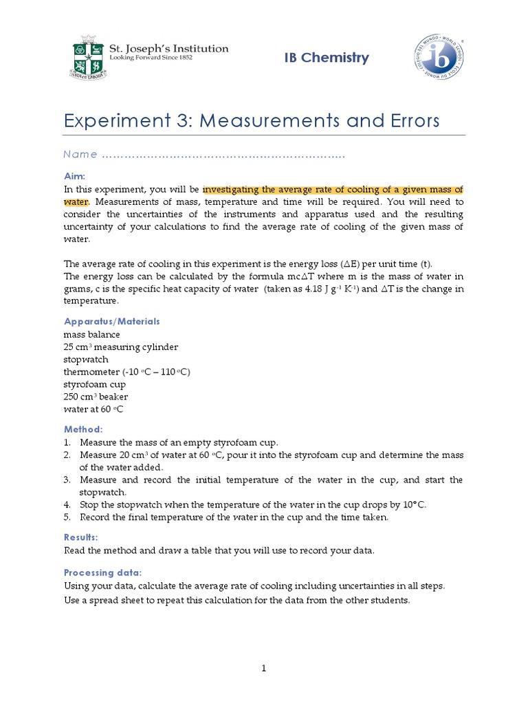 Experiment 3 - Measurement and Errors | PDF | Temperature | Water