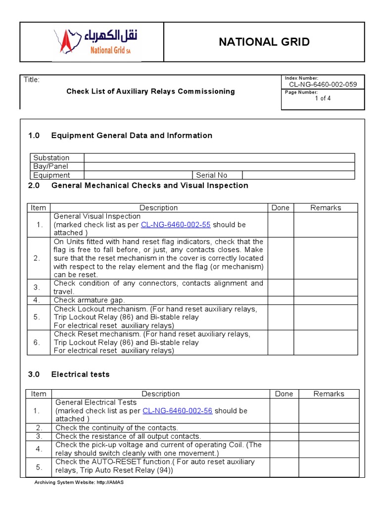 Checklist For Auxiliary Relays Commissioning and Testing Rev00 PDF