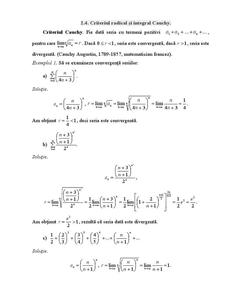 Extragerea Radicalului 2.4. Criteriul Radical Şi Integral Cauchy | PDF