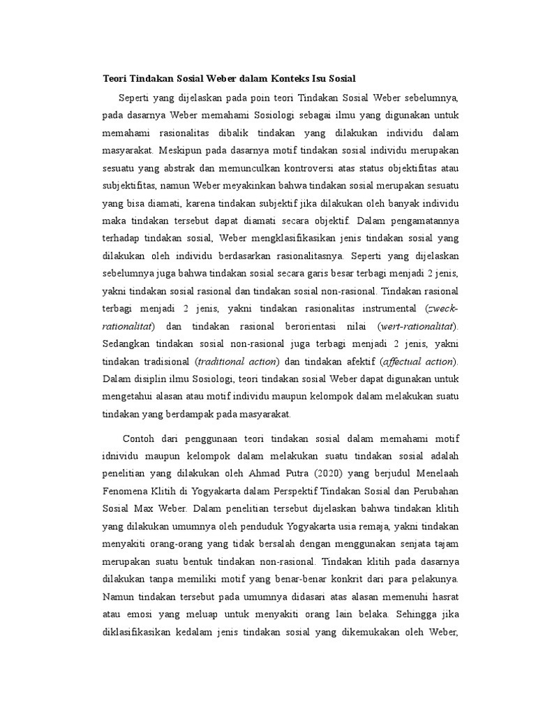 Teori tindakan sosial weber dalam konteks isu sosial pdf