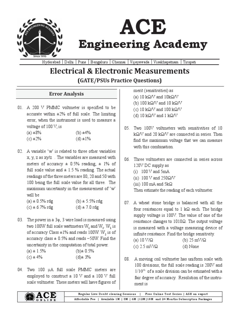 Electrical measurements practice questions for gate and psu exams pdf