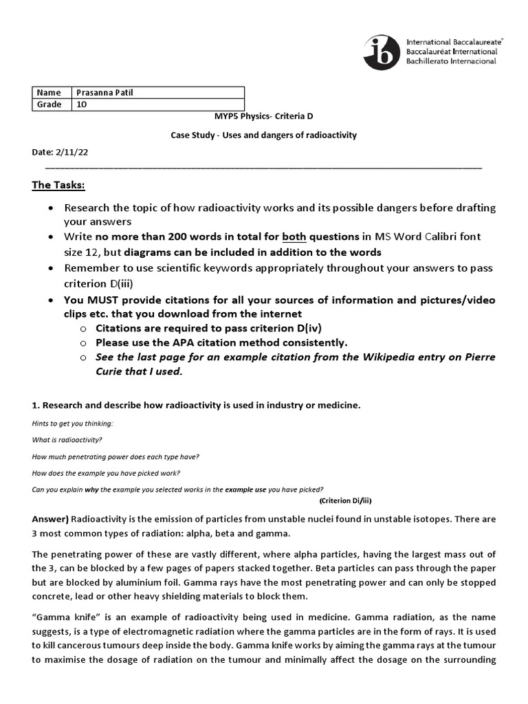 Criteria D Uses and Dangers of Radioactivity PDF Gamma Ray