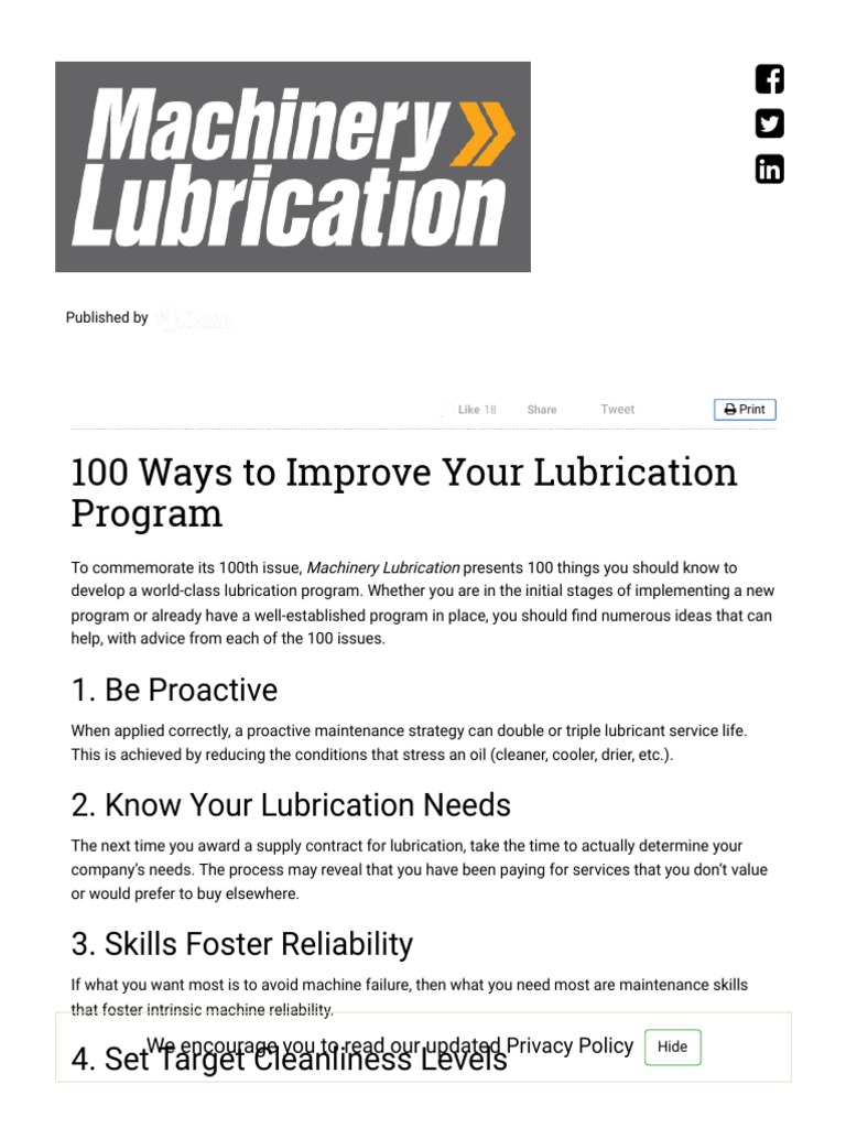 100 Ways To Improve Your Lubrication Program PDF Lubricant