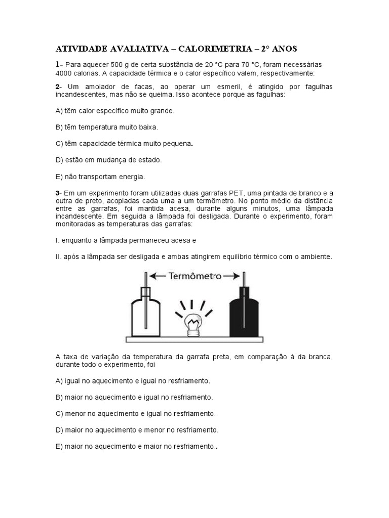 Atividade Avaliativa de Calorimetria | PDF | Calor | Temperatura