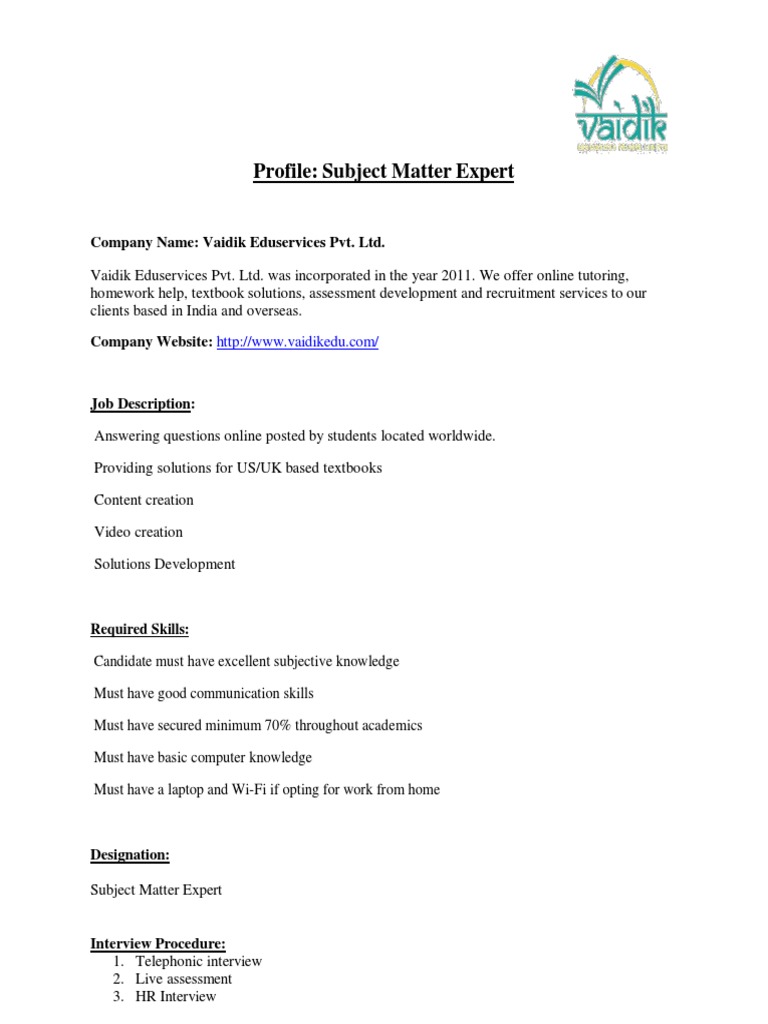 Subject Matter Expert Role at Vaidik Eduservices | PDF | Career ...