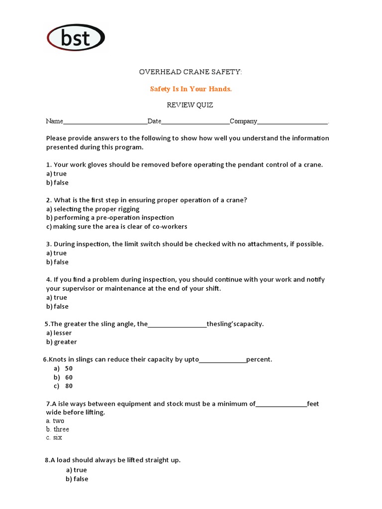 Overhead Crane Safety Quiz PDF