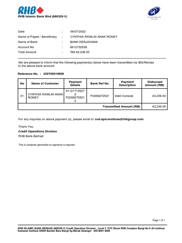 RHB Islamic Bank Payment Confirmation | PDF